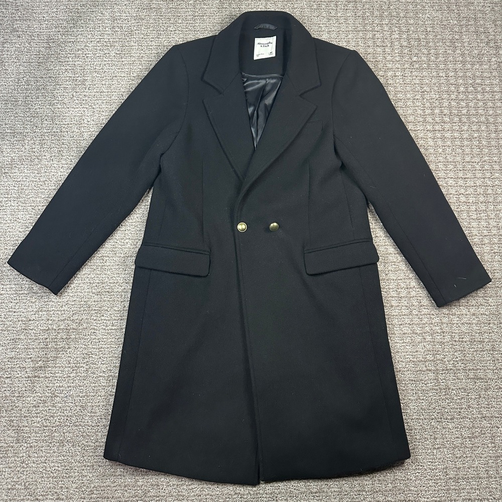Abercrombie & Fitch Women Black Wool Blend Double Breasted Topcoat Size MP